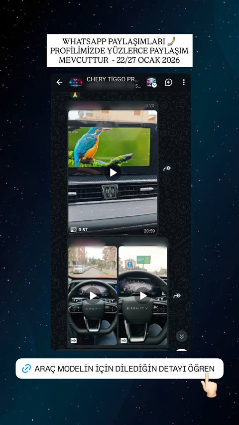 WhatsApp grup sohbetinde Chery Tiggo aracina ait multimedya ekrani, navigasyon ve gosterge paneli goruntulerinin paylasildigi bir story gorseli.