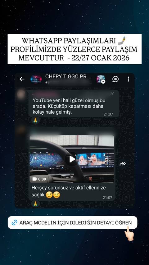 WhatsApp grup sohbetinde araç multimedya ekranındaki navigasyon ve müzik uygulamasının video görüntüsü paylaşılmış, üyeler olumlu yorumlar yapmış.