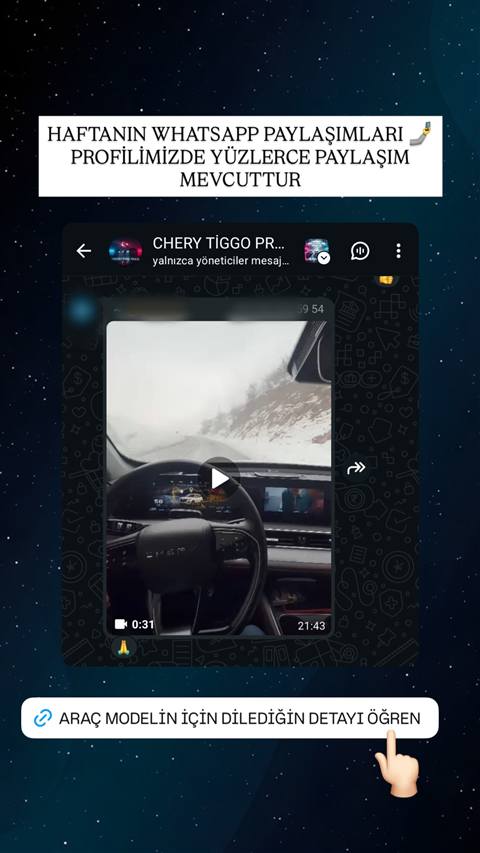 WhatsApp grubunda paylaşılan, Chery Tiggo aracının multimedya ekranında navigasyon ve gösterge panelinin göründüğü karlı bir yoldaki sürüş videosunun ekran görüntüsü.