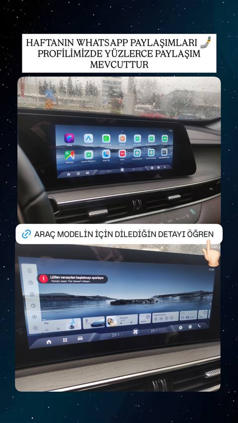 Yagmurlu bir havada arac ici multimedya ekraninda tema secim menusu ve navigasyon/uygulama ikonlari ile ilgili tanitim gorseli.