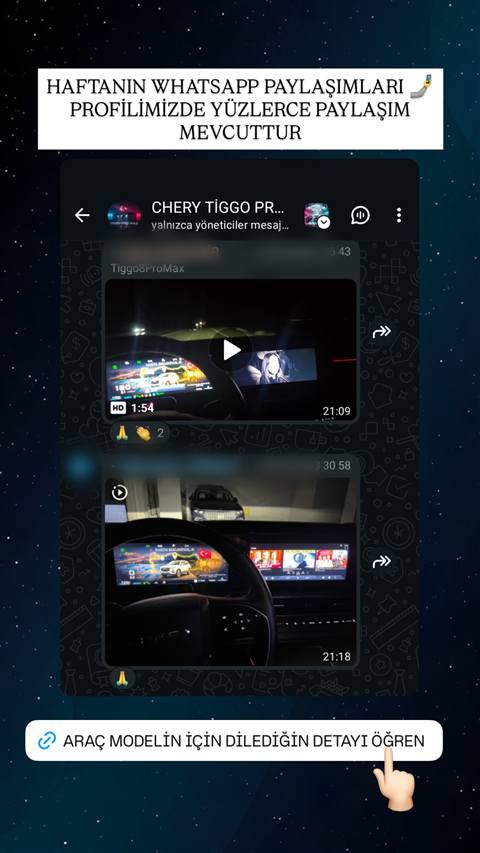 Chery Tiggo araç sahipleri WhatsApp grubunda paylaşılan araç multimedya ekranı ve navigasyon görüntülerini içeren story koleksiyonu tanıtımı.