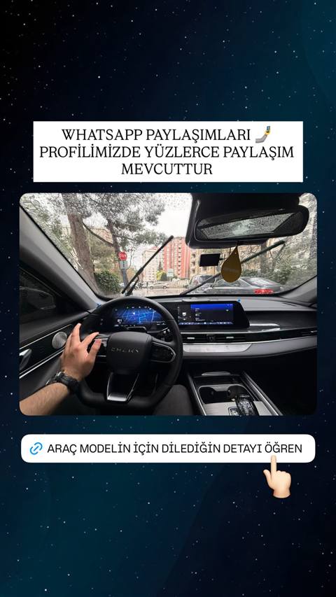Yagmurlu havada bir Chery aracin ic mekanindan navigasyon ekrani ve direksiyonu gorunmekte, altinda WhatsApp topluluk paylasimlarina yonlendiren bir baglanti butonu bulunmaktadir.