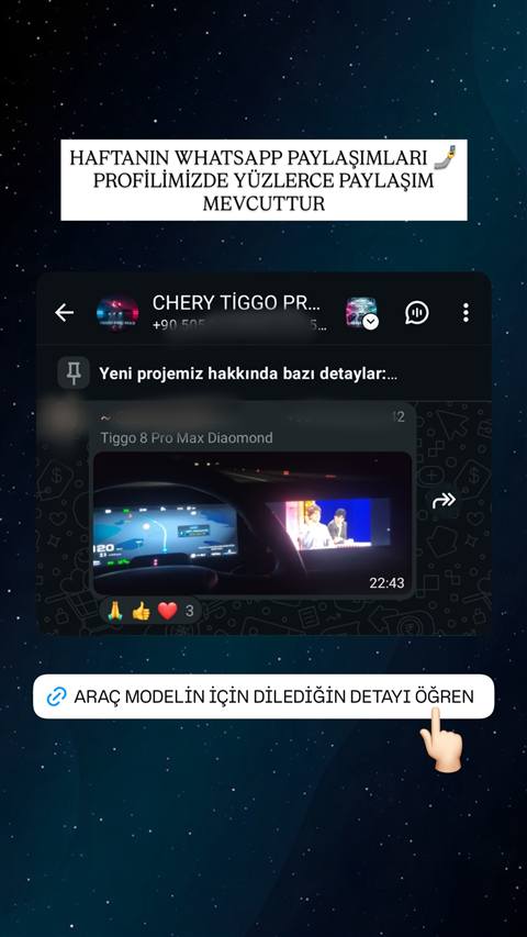 WhatsApp grubunda paylaşılan bir video mesajının, araç navigasyon ekranını ve multimedya sistemini gösteren bir kesitini içeren ekran görüntüsü.