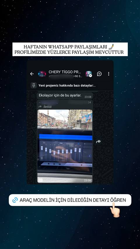 WhatsApp sohbetinde bir aracın multimedya ekranındaki ekolayzır ayarlarını gösteren iletilmiş bir video paylaşılmış.