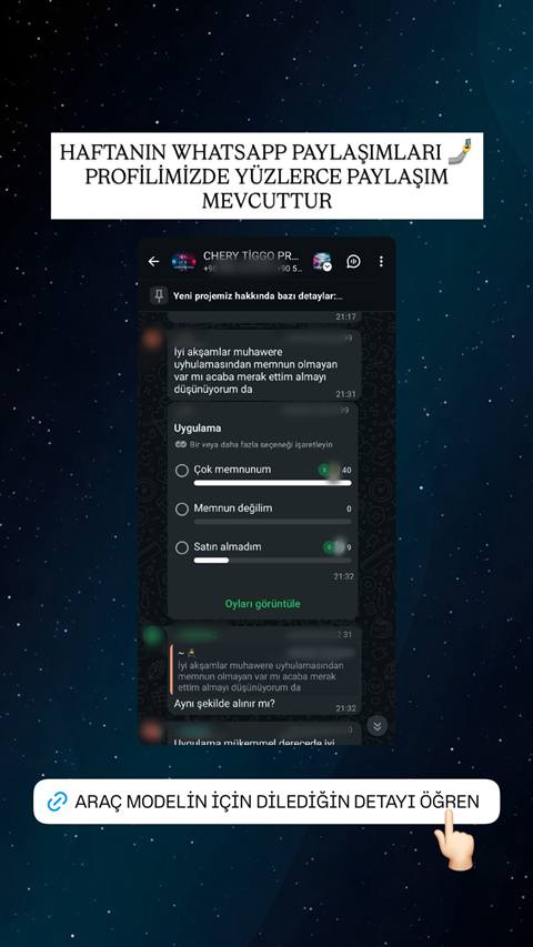 Chery Tiggo araç sahipleri WhatsApp grubundan bir anket ve mesajlaşma ekran görüntüsü, üstünde haftalık paylaşımları duyuran bir başlık bulunuyor.