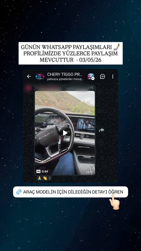 Chery Tiggo aracinin direksiyon ve gosterge panelinden cekilmis, navigasyon ekraninin gorundugu bir video paylasimi icin WhatsApp arayuzu goruntusu.