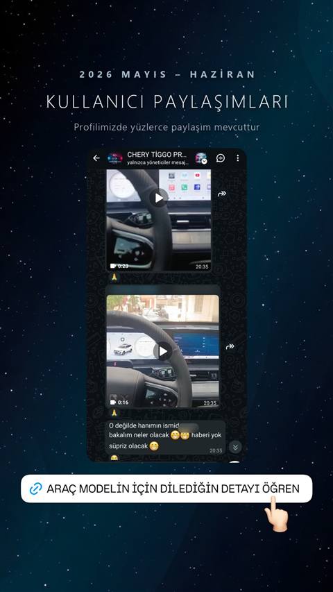 WhatsApp grup sohbetinde arac direksiyonu ve dijital gosterge/multimedya ekranlarini gosteren iki video paylasimi ve bir metin mesaji yer aliyor.