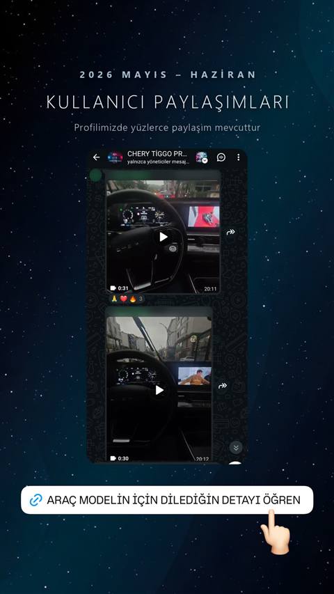 Bir WhatsApp topluluk hesabinda paylasilan, arac direksiyonu, gosterge paneli ve navigasyon ekranini gosteren video mesajlarinin yer aldigi ekran goruntusu.