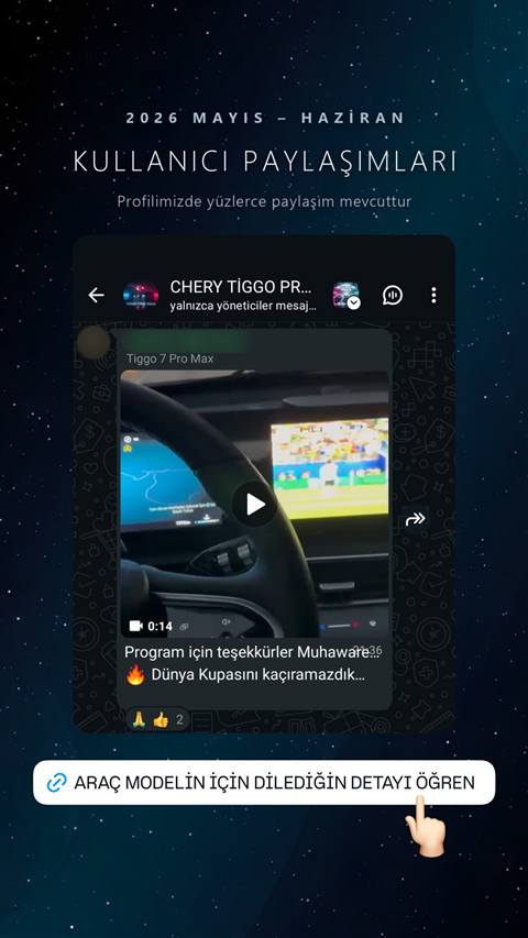 Instagram story üzerinde Chery Tiggo araç sahipleri WhatsApp topluluğuna ait bir sohbet ekran görüntüsü ve altında bilgi alma butonu bulunuyor.