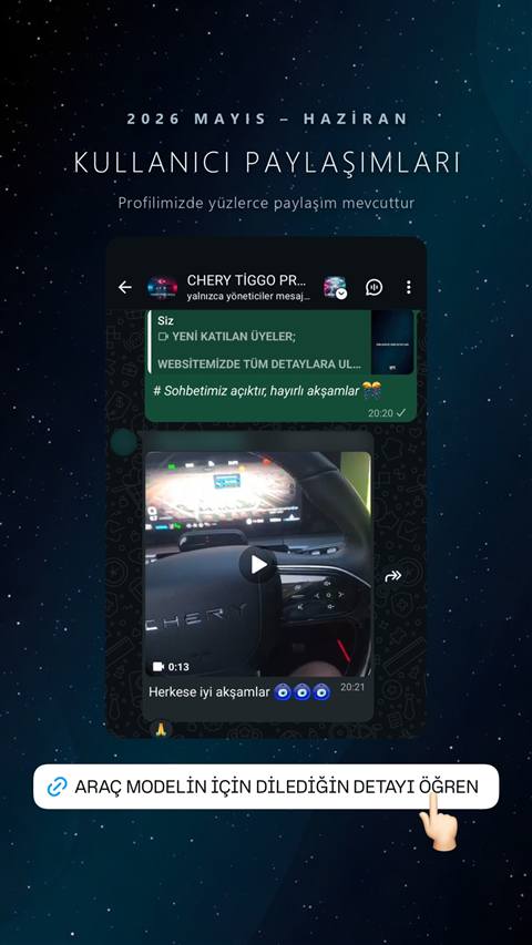 Instagram story görseli, Chery Tiggo araç sahipleri WhatsApp topluluğuna ait bir sohbet ekran görüntüsü ve araç içi video paylaşımını göstermektedir.
