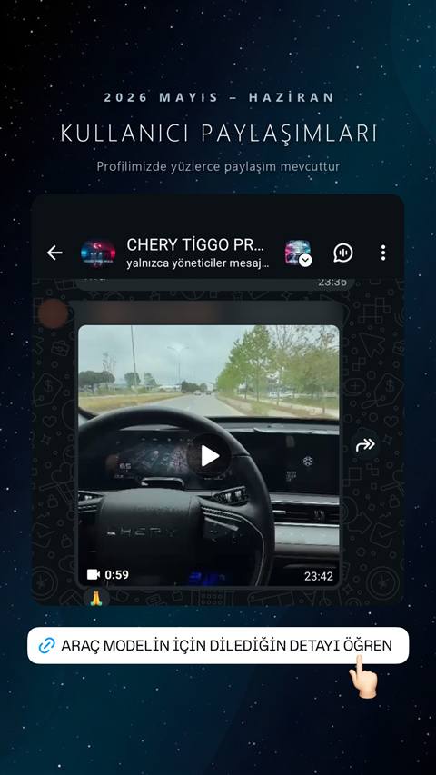 Chery Tiggo aracinin direksiyonundan seyir halindeyken cekilen, dijital gostergesi ve navigasyon ekrani gorunen bir video paylasimi.
