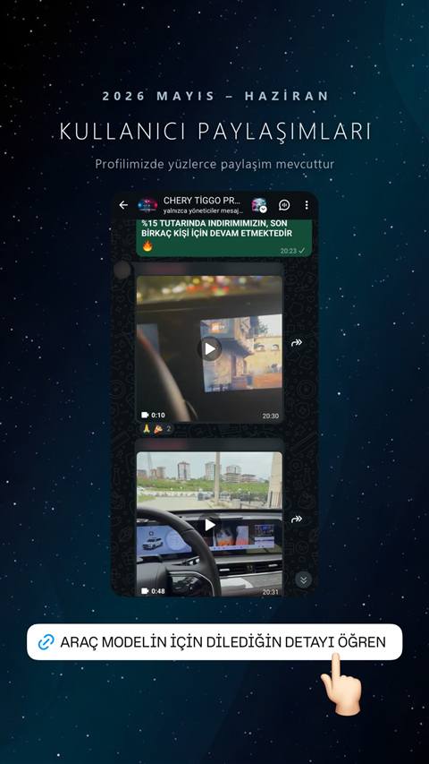 Instagram story görseli, Chery Tiggo araç sahipleri WhatsApp grubundan bir sohbet ekran görüntüsü ve tıklanabilir bilgi bağlantısı içeriyor.