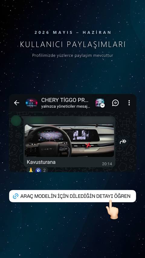 Chery Tiggo WhatsApp topluluk sohbetinde, arac multimedya ekraninda navigasyon ve muzik ekranlarinin birlikte gorundugu bir fotograf paylasilmis.