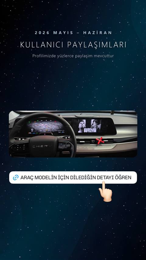 Chery aracin dijital gostergesinde navigasyon haritasi ve multimedya ekraninda muzik oynatici gorunmekte, WhatsApp topluluk uyeligini tanitan bir story gorselidir.