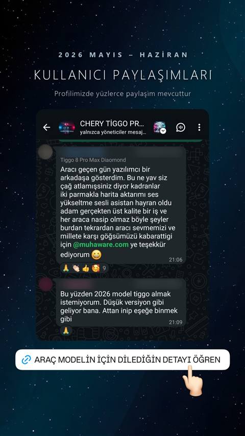 MUHAWARE kullanıcı yorumu (145HP Grubu): Aracı geçen gün yazılımcı bir arkadaşa gösterdim. Bu ne yav siz çağ atlamışsınız diyor kadranlar iki parmakla harita aktarımı ses yükseltme sesli asistan hayran oldu adam gerçekten üst kalite bir iş ve her araca nasip olmaz böyle şeyler burdan tekrardan aracı sevmemizi ve millete karşı göğsümüzü kabarattigi için @muhaware.com ye teşekkür ediyorum 😀