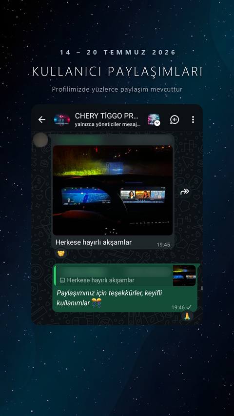WhatsApp grubunda paylasilan bir arac ekrani goruntusu ve yoneticinin bu paylasima verdigi tesekkur yaniti gorunuyor.