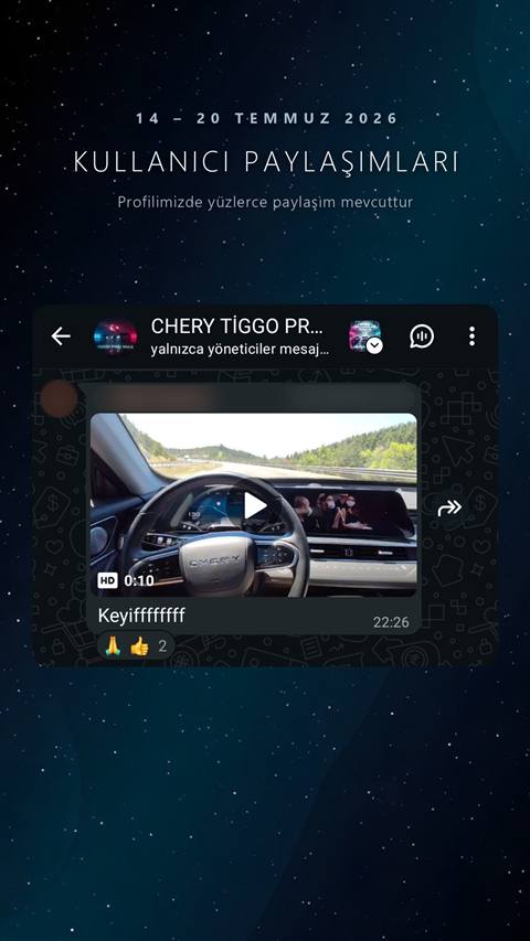 Bir WhatsApp grubunda paylasilan, aracin icinden yolda seyir halinde cekilmis kisa bir video ve 'Keyiffffffff' yazili mesaj gorunuyor.
