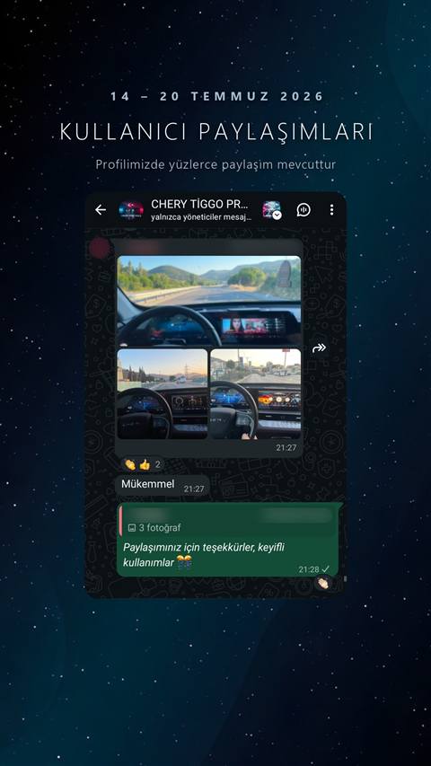 Chery Tiggo aracinin multimedya ekraninda navigasyon goruntusu ile ilgili paylasimin yapildigi ve grup yoneticisinin tesekkur mesaji yazdigi bir WhatsApp sohbet ekran goruntusu.