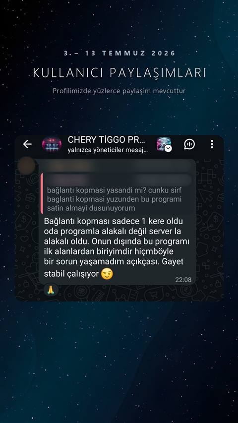 Chery Tiggo aracı sahiplerine yönelik WhatsApp topluluğunda, bağlantı kopması sorunu hakkında sorulan bir soruya yönetici tarafından verilen olumlu ve güven verici bir yanıtın ekran görüntüsü.