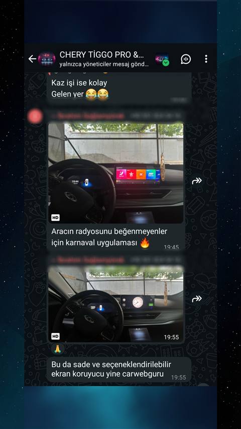 WhatsApp grubunda araç multimedya ekranı, radyo uygulaması ve ekran koruyucu görselleri paylaşılıyor.