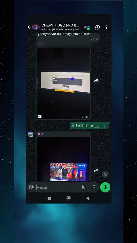 Bir WhatsApp grup sohbetinde iyi kullanimlar mesaji ve iki farkli video paylasimi (biri Inat Box uygulamasi ekrani, digeri bir spor programi yayini) goruntuleniyor.
