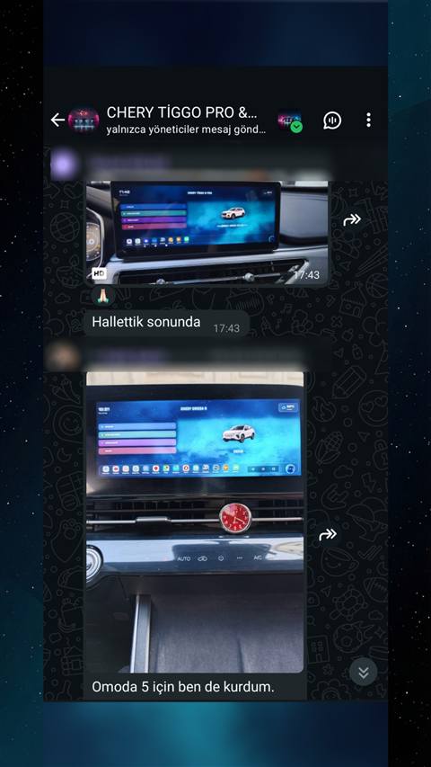 Chery Tiggo ve Omoda araç sahiplerinin multimedya ekranına kurdukları özel arayüz/tema görsellerini paylaştığı bir WhatsApp grup sohbeti.