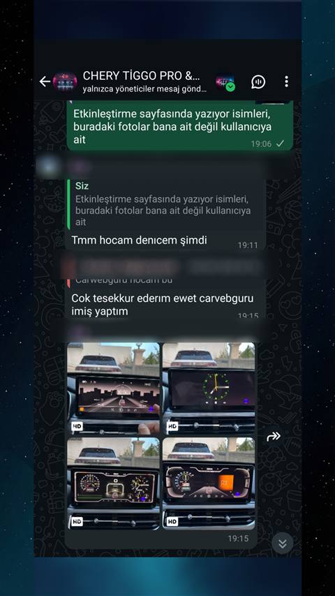 WhatsApp grubunda bir kullanıcının araç multimedya ekranındaki navigasyon, saat, gösterge paneli görsellerini paylaştığı ve teşekkür ettiği bir sohbet ekran görüntüsü.
