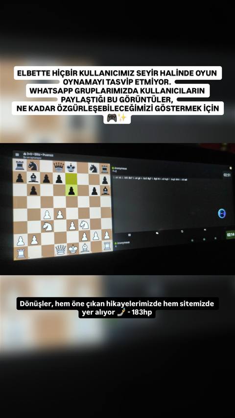 Bir bilgisayar ekraninda satranc oynanirken cekilmis fotograf uzerine WhatsApp topluluklarindaki paylasimlarla ilgili baslik yazilari eklenmis story goruntusu.