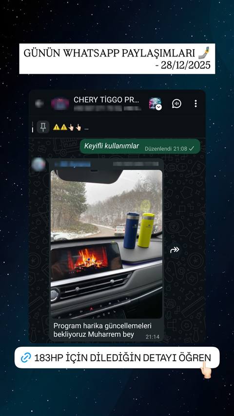 Bir WhatsApp grup sohbetinde, sahibinin gonderdigi tesekkur mesajina yanit olarak bir uyenin arac ici multimedya ekraninda simineklik goruntusu bulunan arac fotografi paylasip guncelleme talep ettigi ekran goruntusu.