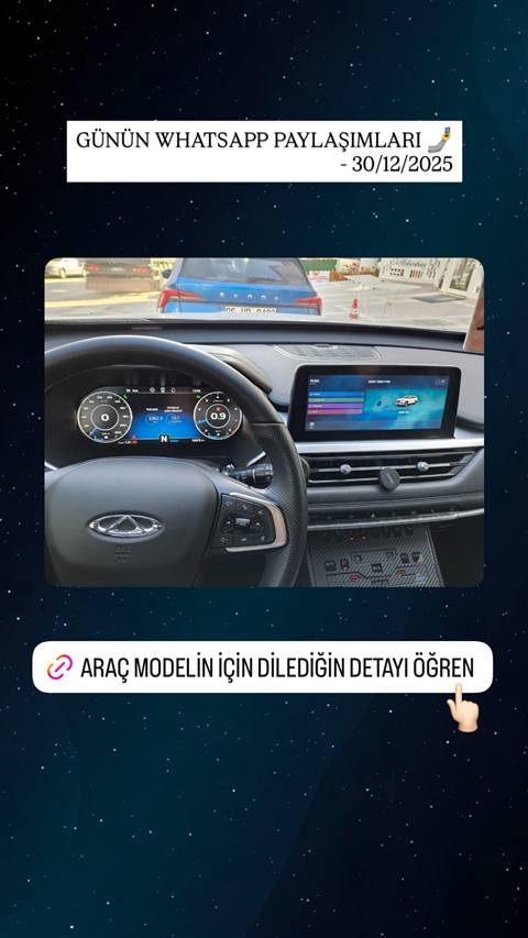 Chery Tiggo aracinin dijital gosterge paneli ve multimedya ekraninin ic mekan fotografi