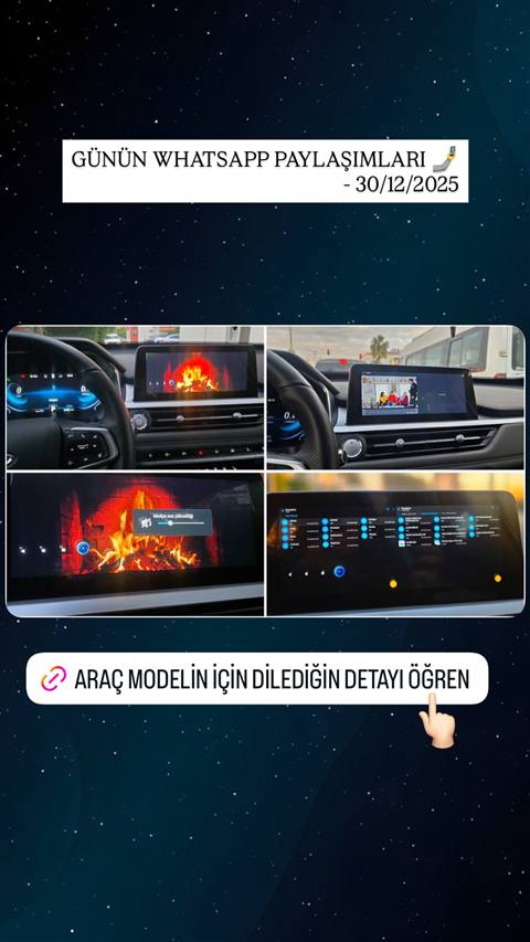 Bir arac multimedya ekraninda sömine goruntusu, medya sesi ayari, navigasyon sohbet ekrani ve uygulama/tema ayarlari menusunu gosteren dort fotograflik kolaj.