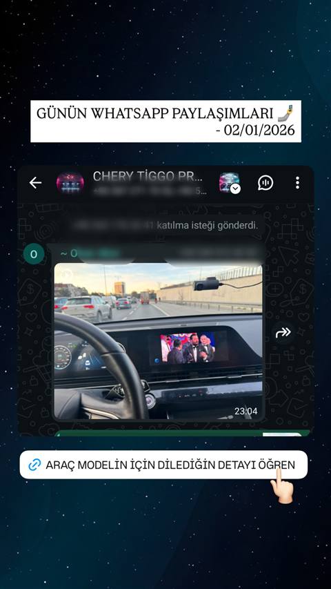 Bir aracin ic mekanindan trafik ve multimedya ekraninda video oynatilirken cekilmis bir gorsel, WhatsApp grubunda paylasilmis.