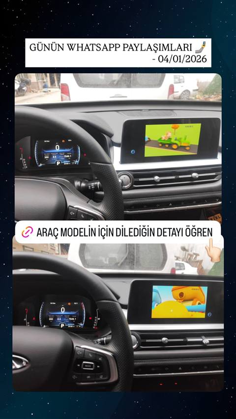 Chery Tiggo aracinin direksiyon, dijital gosterge paneli ve multimedya ekraninin ic mekan gorunumleri, cocuklar icin cizgi film gorseliyle birlikte.