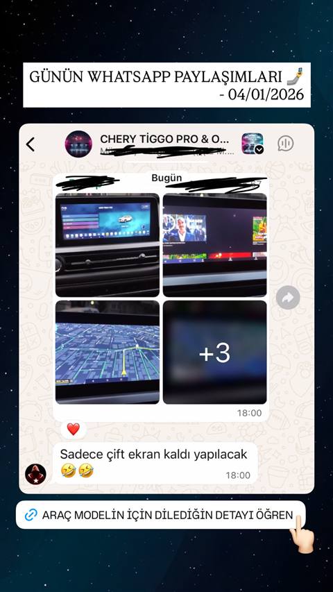 Chery Tiggo araç sahipleri WhatsApp grubunda multimedya ekranı, TV yayını ve navigasyon ekran görüntülerinin paylaşıldığı bir sohbet.
