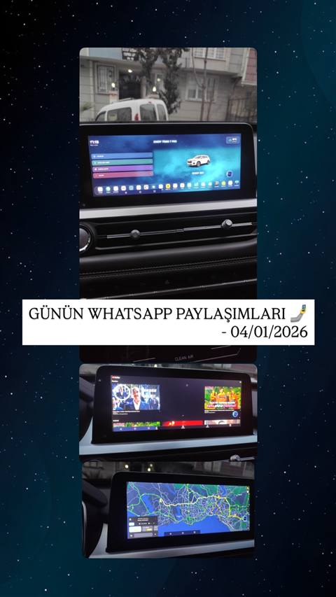 Chery Tiggo 7 Pro aracina ait multimedya ekraninin ana menu, video izleme ve navigasyon haritasi goruntulerini gosteren, uzerine 'Gunun WhatsApp Paylasimlari - 04/01/2026' yazisi eklenmis bir kolaj.