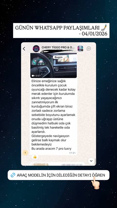 MUHAWARE kullanıcı yorumu (183HP Grubu): Elinize emeğinize sağlık öncelikle kurulum çocuk oyuncağı denecek kadar kolay merak edenler için kurulumda sıkıntı yaşayacağınızı zannetmiyorum ilk kurduğumda çift ekran biraz zorladı sadece zorlama sebebide boyutunu ayarlamak onuda uğraşıp üstüne düşmedim halbuki oda çok basitmiş tek hareketle oda ayarlandı.
Göstergeyede navigasyon gelirse ballı kaymak olur beklemedeyiz
Bu arada aracım 7 pro luxry