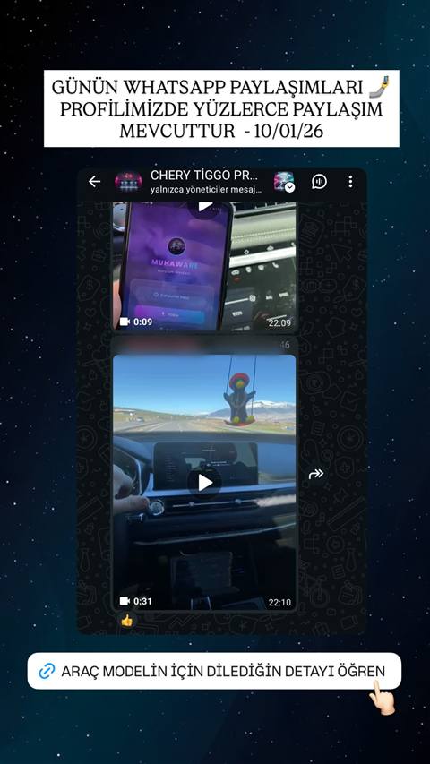 WhatsApp grubunda paylasilan iki video; biri Muhaware kurulum ekranini, digeri arac icinde multimedya ekranli navigasyon goruntusunu gosteriyor.