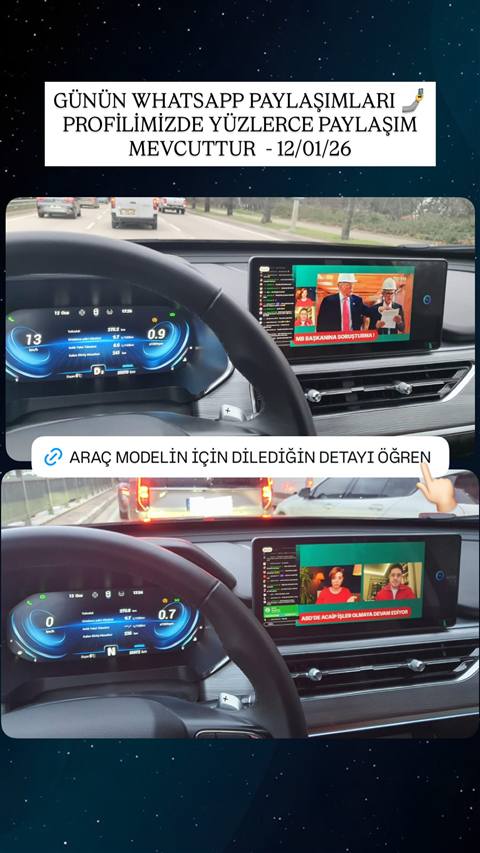 Bir aracin ic mekaninda dijital gosterge paneli ve multimedya ekraninda haber icerigi izlenirken WhatsApp topluluk paylasimlarini tanitan bir story gorseli.