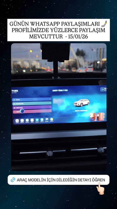 Chery Tiggo 7 Pro aracinin multimedya ekraninda ozellestirilmis tema ve ana menu goruntulenmekte, on cam manzarasi da gorunmekte.