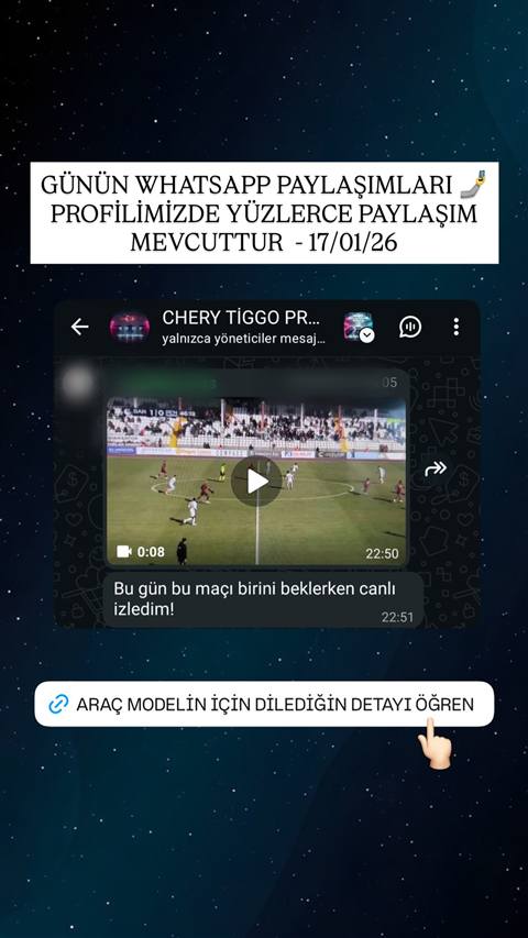 WhatsApp grup ekran görüntüsünde bir kullanıcının canlı izlediği futbol maçı videosunu paylaştığı ve altında araç modeli bilgisi öğrenme bağlantısı bulunan bir Instagram story görseli.