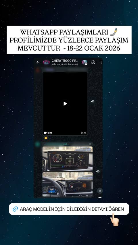 WhatsApp grubunda paylasilan bir video mesaji ve arac gostergesi/multimedya ekranlarini gosteren fotograflar yer almaktadir.