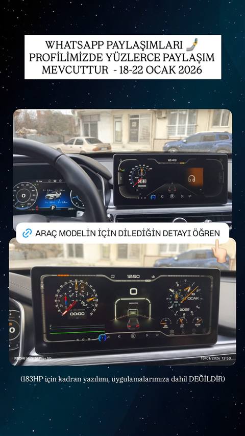 Chery Tiggo aracına ait dijital gösterge paneli ve multimedya ekranının araç içinden çekilmiş görüntüleri ile tanıtım metinleri yer almaktadır.