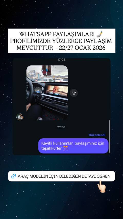 WhatsApp sohbetinde bir üye, araç içi multimedya ekranında video oynattığını gösteren bir fotoğraf paylaşmış ve grup yöneticisi teşekkür etmiş.