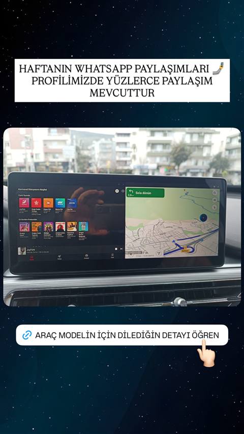 Arac icinde multimedya ekraninda muzik uygulamasi ve navigasyon haritasinin ekran goruntusu gosterilmektedir.