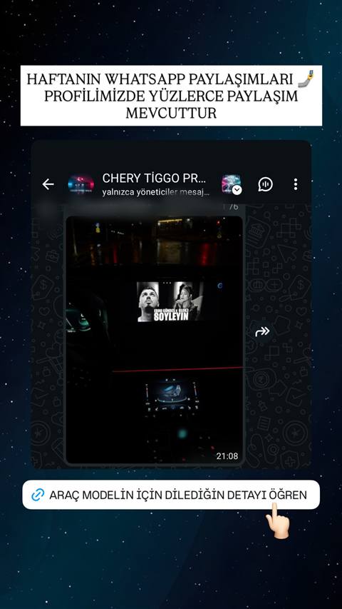 WhatsApp grubunda Chery Tiggo aracının multimedya ekranında müzik çaldığını gösteren bir görüntü paylaşımı yer alıyor.