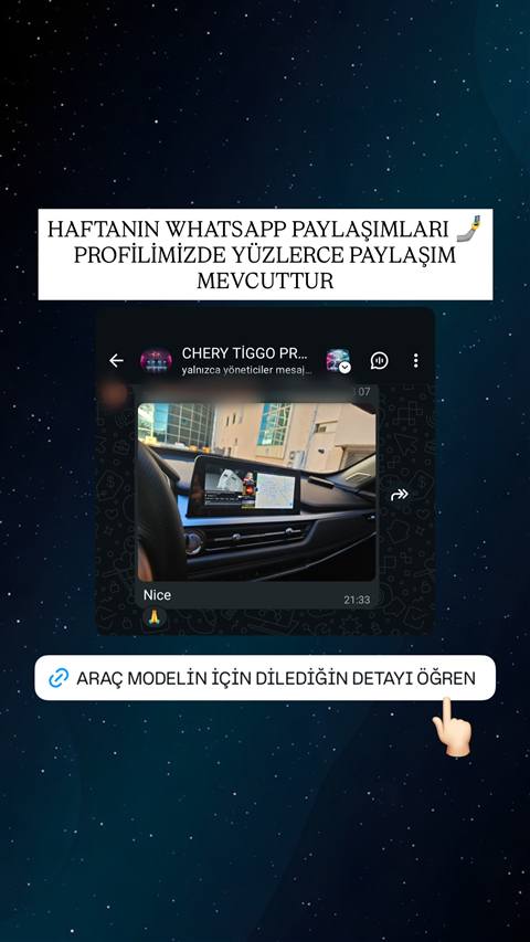 Chery Tiggo aracinin multimedya ekraninda navigasyon ve muzik uygulamasinin gorundugu bir WhatsApp sohbet ekran goruntusu paylasimi.