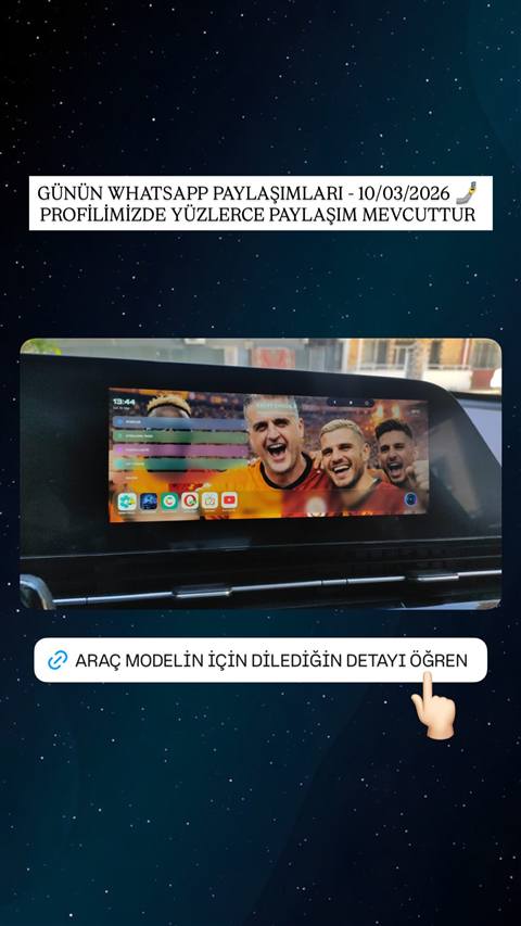 Bir aracin multimedya ekraninda ozellestirilmis ana ekran temasi ve Galatasaray temali arka plan goruntusu ile Whatsapp paylasimlari duyurusu baslik olarak eklenmis.