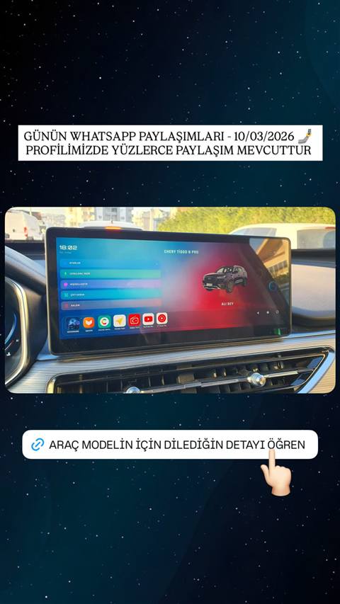 Chery Tiggo 8 Pro aracının multimedya ekranında ana menü ve kişiselleştirme seçeneklerinin gösterildiği görsel, WhatsApp topluluğu paylaşımı olarak sunulmuş.