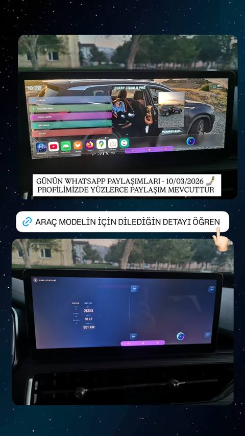 Chery Tiggo 8 Pro aracinin multimedya ekraninda ana menu ve arac bilgileri (kilometre, yakit, menzil) ekranlari gosterilmektedir.