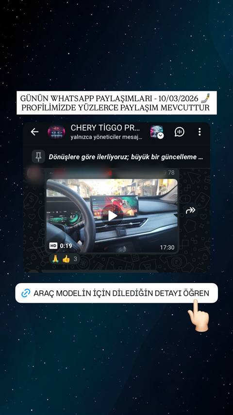 Chery Tiggo arac sahipleri WhatsApp topluluğunda paylaşılan, aracın multimedya ekranını gösteren kısa video ve büyük bir güncelleme geldiğine dair sabitlenmiş bir mesaj içeren ekran görüntüsü.